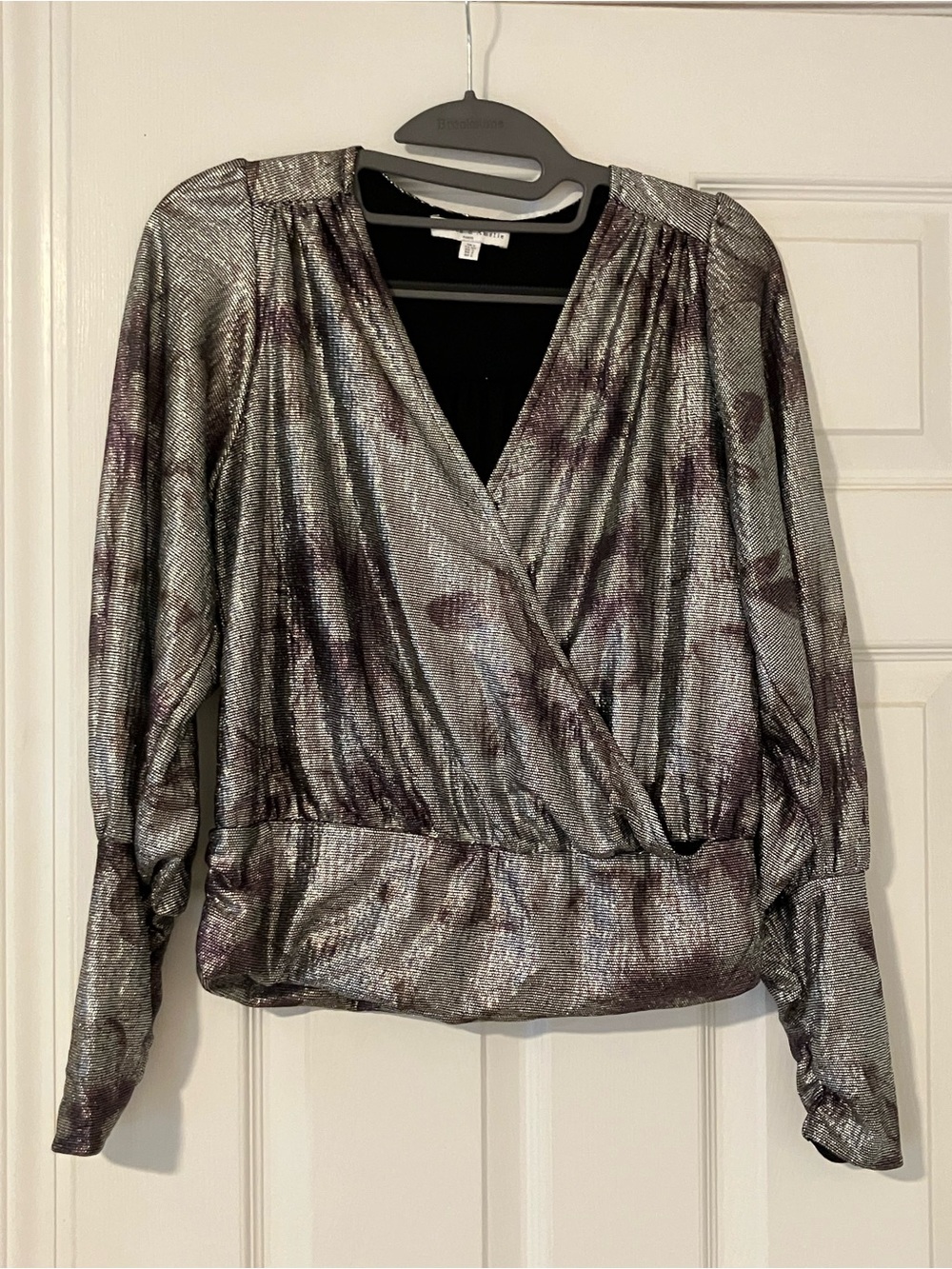 Shimmery Silver Wrap-Front Blouse with Subtle Purple Detail